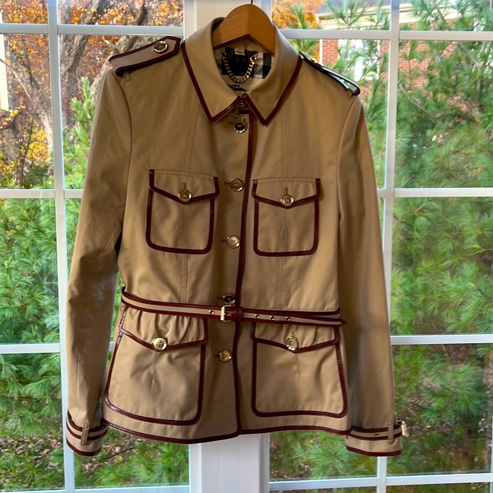 Designer Beige Trench Jacket with Burgundy Trim